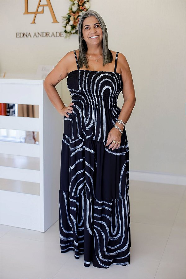 Vestido Feminino Longo Claudia Preto Estampado