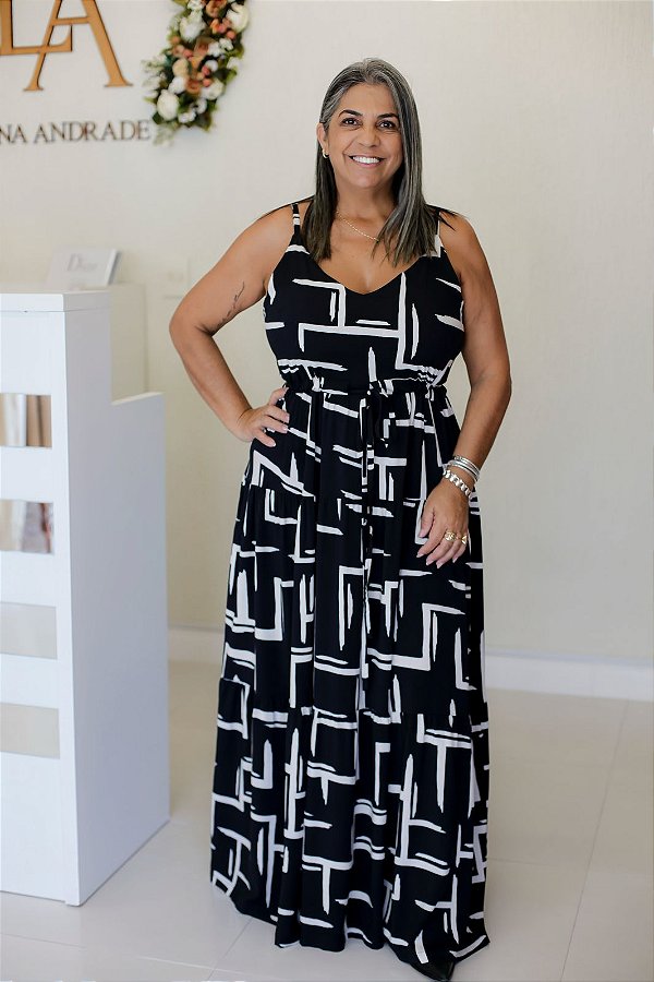 Vestido Feminino Longo Mavie Preto Estampado