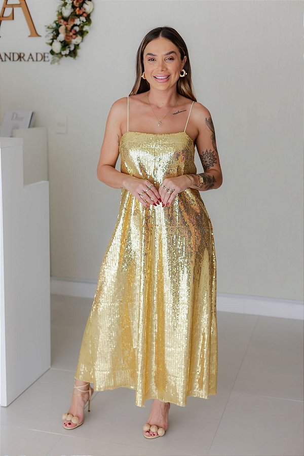 Vestido Feminino longuete Antonella Paete Dourado