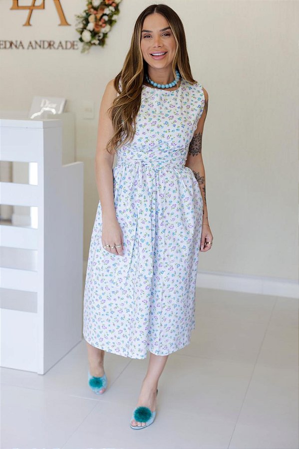 Vestido Feminino Midi Marilda branco estampado