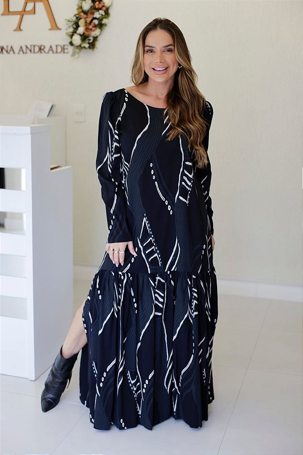 Vestido Feminino Longo Michele Preto Estampado