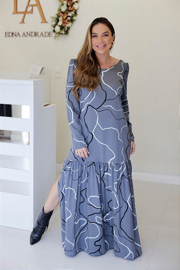 Vestido Feminino Longo Michele Cinza Estampado