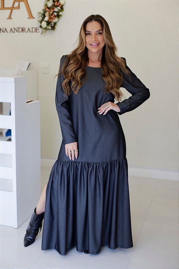 Vestido Feminino Longo Michele Cor Preto Jeans