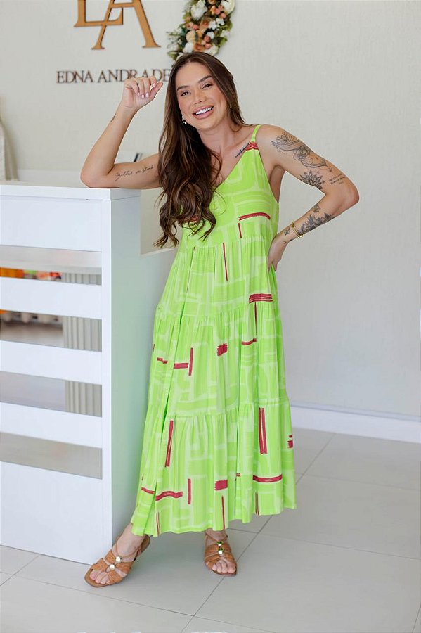 Vestido Feminino Midi Mada Verde Estampado