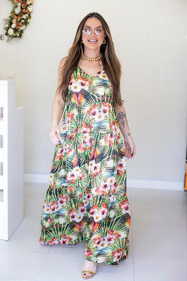 Vestido Feminino Longo Mada Summer Verde Estampado