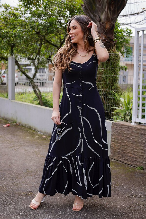 Vestido Feminino Longuete Clara Preto Estampado