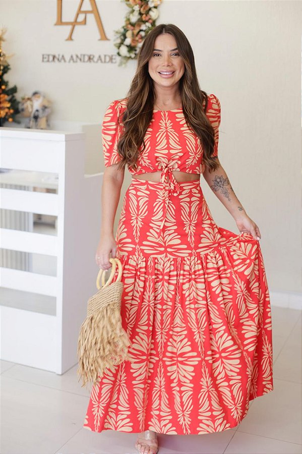 Conjunto Feminino longo Mirella Vermelho estampa baunilha