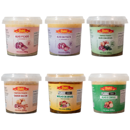 Kit Temperos Produtos oishii Alho Pasta, Alho picado, alho com bacon, alho com ervas, alho e cebola e molho de ervas