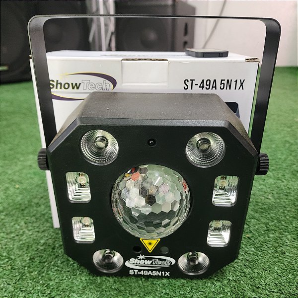 Multiefeitos 5 em 1 com controle remoto - Canhão de Luz, Estrobo, Luz UV, Laser Verde e Vermelho e Bola Maluca - LOCAÇÃO