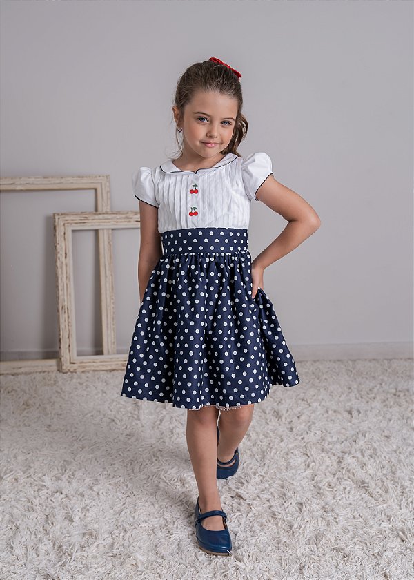 Vestido infantil poa azul e cheap branco