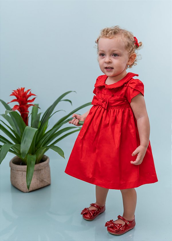 Vestido Bebê Vermelho Nervuras Bordado - Gicas Baby Store