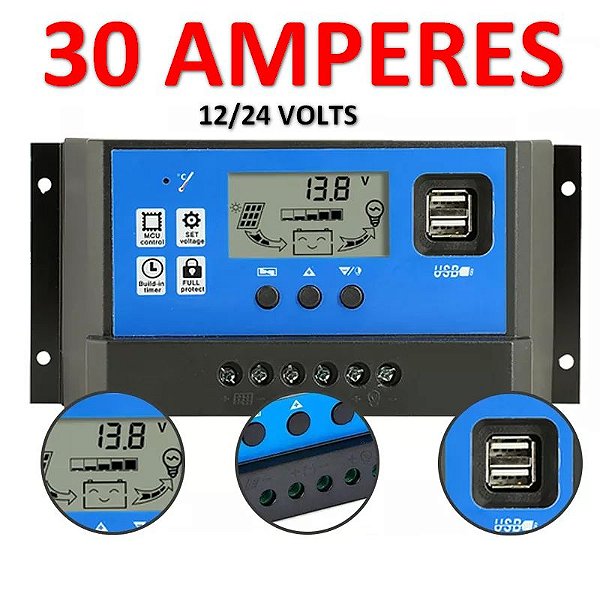 Controlador De Carga Para Painel Solar 30A Usb 12/24V Pwm - MaxPow