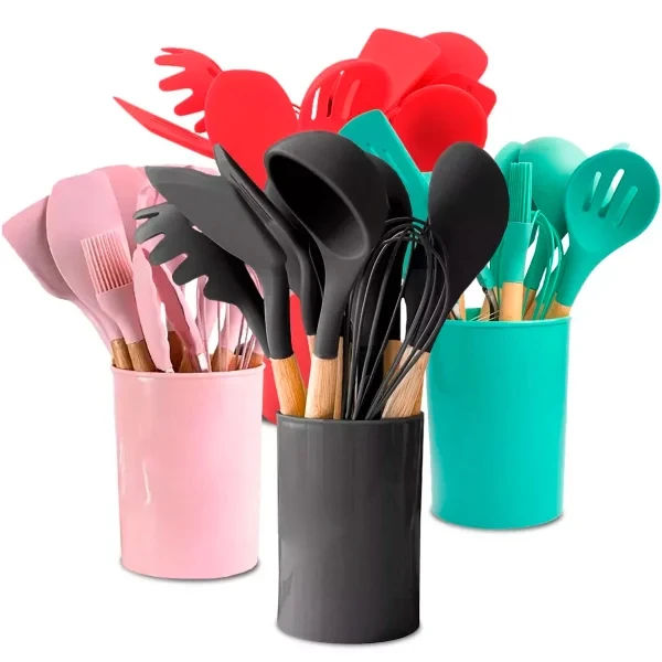 Kit Utensílios Cozinha em Silicone e Cabo de Madeira Cores 10pcs  - W1-47-4