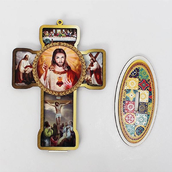 Cruz Sacra em MDF - Sagrado Coração de Jesus - Pacote com 3 peças - Cód.: 4832