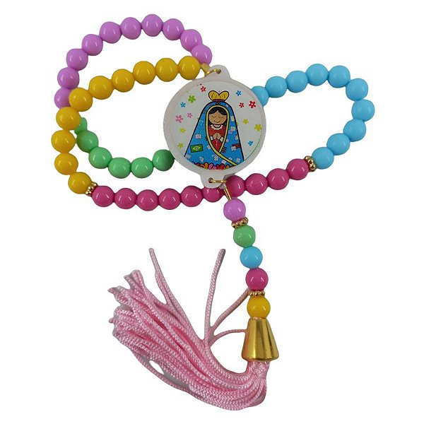 Terço Infantil de Nossa Senhora Aparecida com Pompom - Rosa - Pacote com 3 peças - Cód.: 8504