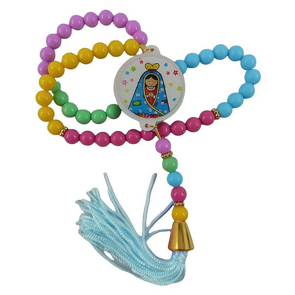 Terço Infantil de Nossa Senhora Aparecida com Pompom - Azul - Pacote com 3 peças - Cód.: 8504