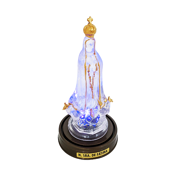 Imagem Nossa Senhora de Fátima Plástico Transparente com LED e Base Cor Ouro Velho - A Peça - Ref.: IB.FA20