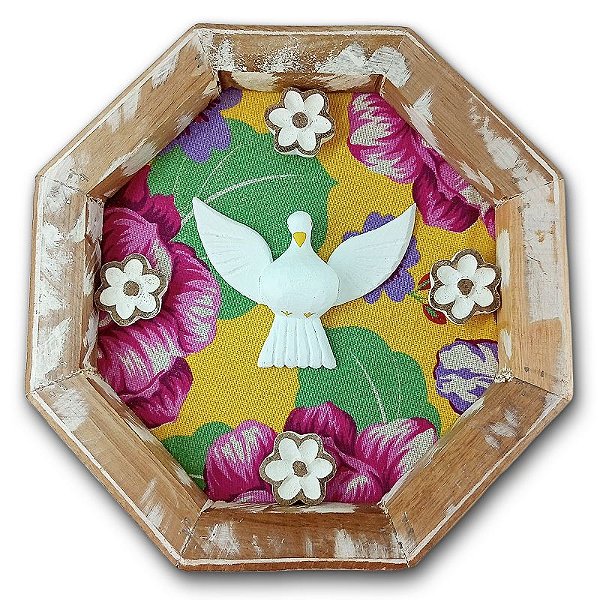 Quadro Mandala Divino Espírito Santo com Tecido Chita Florido - A Peça - Cód.: 378