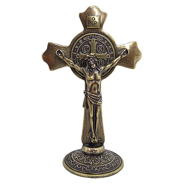 Cruz de Mesa em Metal - Cor Ouro Velho - 11 cm - A Peça - Cód.: 874