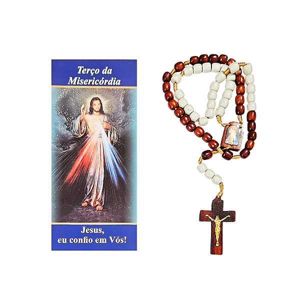 Terço em madeira com Folheto de Oração de Jesus Misericordioso e Santa Faustina - Pacote com 3 Peças - Cód.: 074