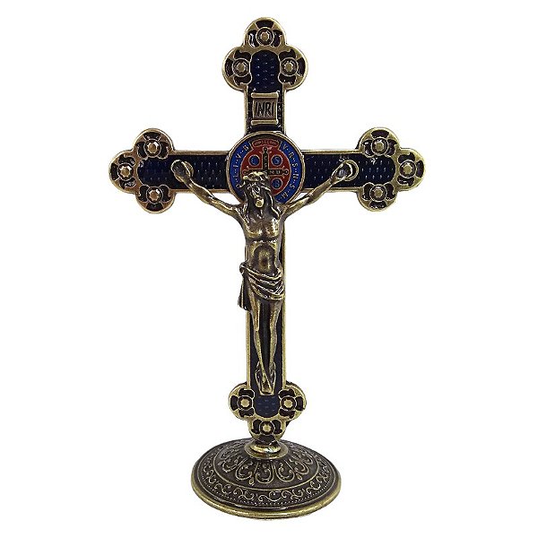 Cruz de Mesa em Metal Resinado com Medalha de São Bento - Cor Ouro Velho - Resina Azul - 13,5 cm - A Peça - Cód.: 43