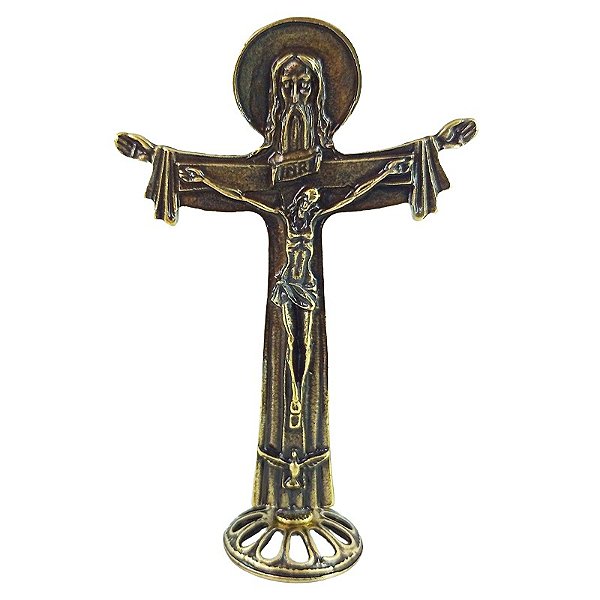 Cruz de Mesa em Metal da Santíssima Trindade - Cor "Ouro Velho" - 11 cm - A Peça - Cód.: 7987