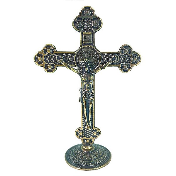 Cruz de Mesa em Metal com Medalha de São Bento - Cor Ouro Velho - 14 cm - A Peça - Cód.: 4350