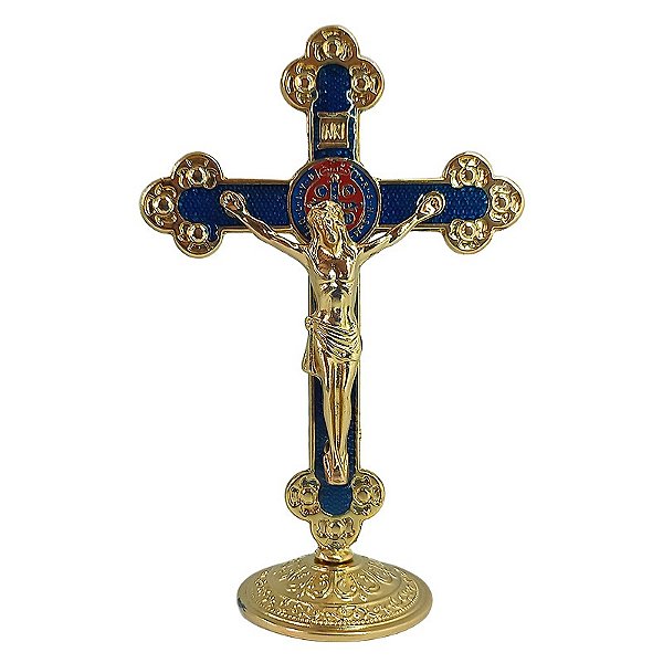 Cruz de Mesa em Metal Resinado com Medalha de São Bento - Cor Dourado - 13,5 cm - A Peça - Cód.: 8033
