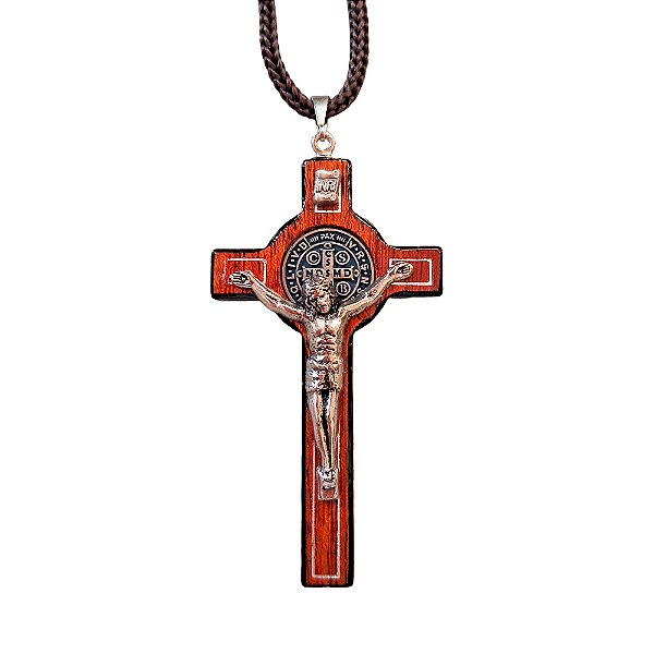 Crucifixo em Madeira com Medalha Metálica de São Bento no Cordão - Pacote com 6 Peças - Cód.: 1124