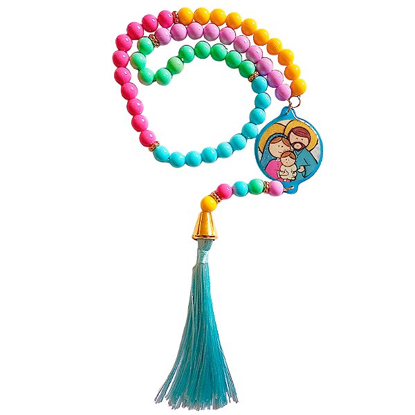 Terço Infantil da Sagrada Família com Pompom - Azul - Pacote com 3 peças - Cód.: 8504