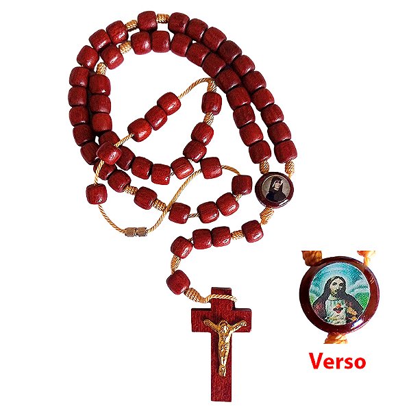 Terço em Madeira de Sagrado Coração de Jesus e Santa Faustina com Fecho - Pacote com 6 Peças - Cód.: 1019
