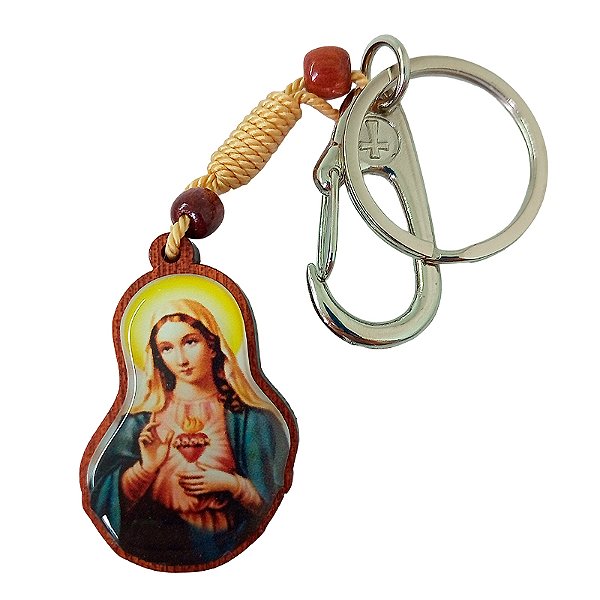 Chaveiro em Madeira do Sagrado Coração de Maria - com Mosquetão - Pacote com 3 peças - Cód. 3661