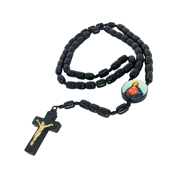 Terço com Entremeio Resinado do Sagrado Coração de Jesus e Nossa Senhora Aparecida - Cor Preto - O Pacote com 6 Peças - Cód.: 8757