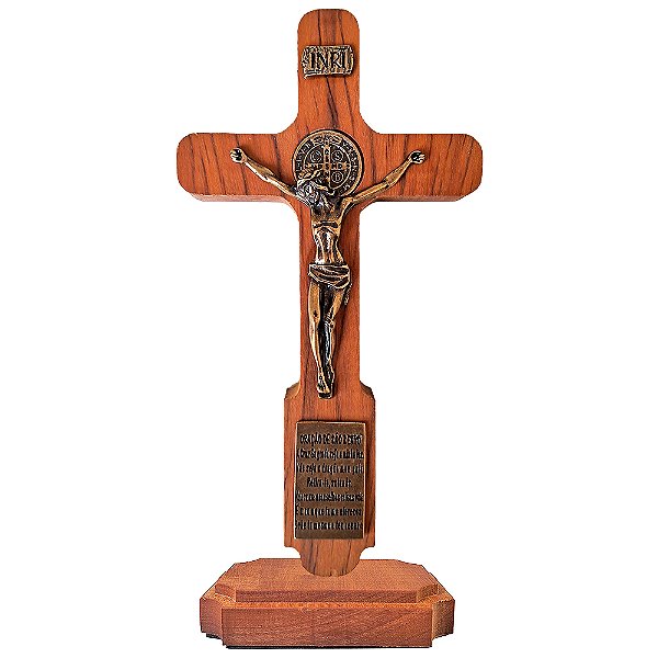 Cruz de Mesa e Parede em Madeira com Medalha e Oração de São Bento - 27 cm - A Peça - Cód.: 8087