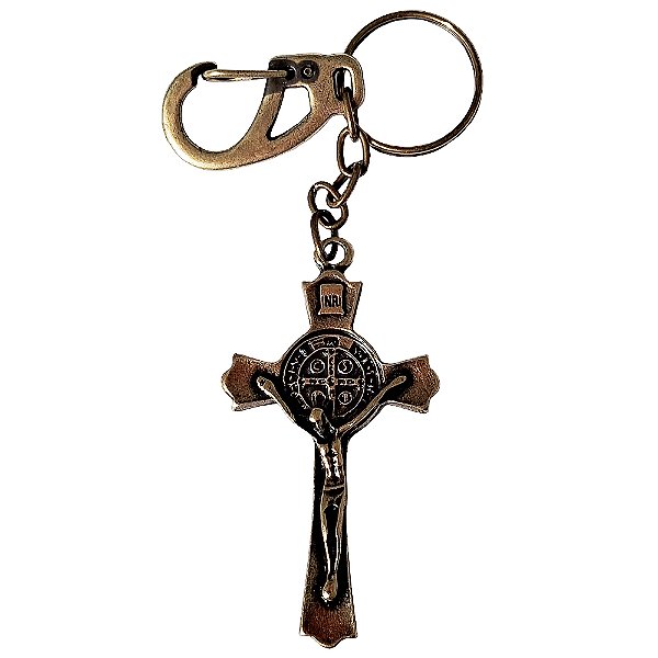 Chaveiro de Cruz de São Bento em Metal com Mosquetão - Cor Ouro Velho - O Pacote com 3 Peças - Cód.: 453