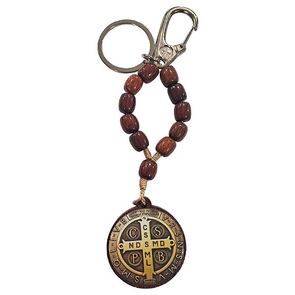 Chaveiro de Medalha de São Bento em Madeira - Com Mosquetão - Pacote com 3 Peças - Cód.: 0301