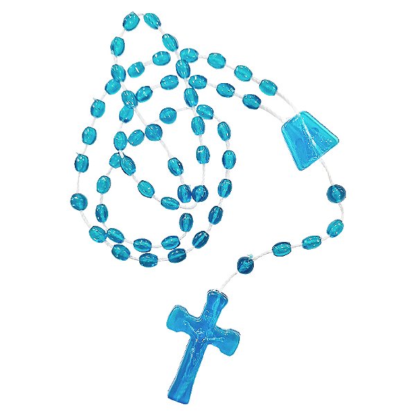 Terço em Plástico - Nossa Senhora Aparecida e Sagrado Coração de Jesus - Azul Claro / Turquesa - Transparente - A Dúzia - Cód.: 8897