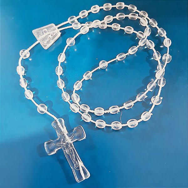 Terço em Plástico - Nossa Senhora Aparecida e Sagrado Coração de Jesus - Branco - Transparente - A Dúzia - Cód.: 8897