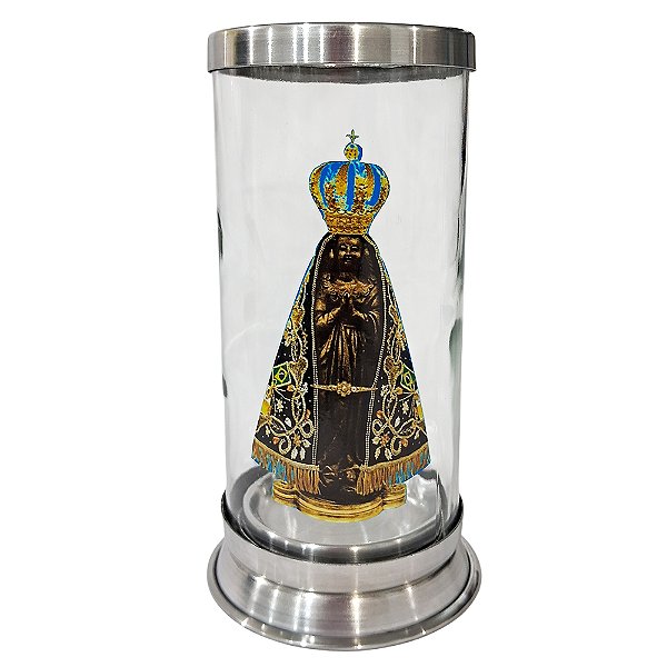 Castiçal para vela de 7 dias GG - Com Imagem de Nossa Senhora Aparecida - em Vidro e alumínio - A Peça - Cód.: 8889