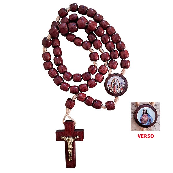 Terço em Madeira de Nossa Senhora de Guadalupe e Sagrado Coração de Jesus - Entremeio Redondo - Pacote com 6 Peças - Cód.: 0893