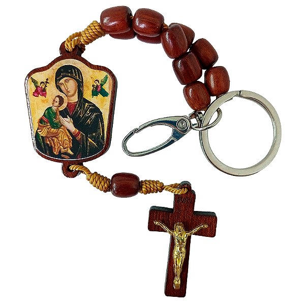Chaveiro Dezena em Madeira de Nossa Senhora do Perpétuo Socorro - com Mosquetão - Pacote com 3 peças - Cód.: 2447
