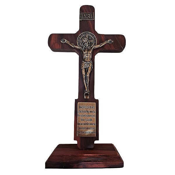 Cruz de São Bento em Madeira com Medalha e Placa de Oração - 28 cm - A Peça - Cód.: 9923
