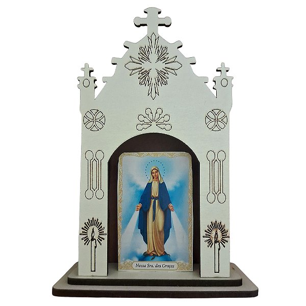 Mini Oratório Capela de Nossa Senhora das Graças em MDF - 13 cm - O Pacote com 3 Peças - Cód.: 8185