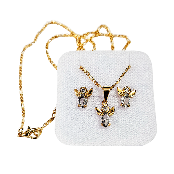 Conjunto de Brincos e Corrente Dourada Anjos com Zircônia - A Peça - Cód.: 8212