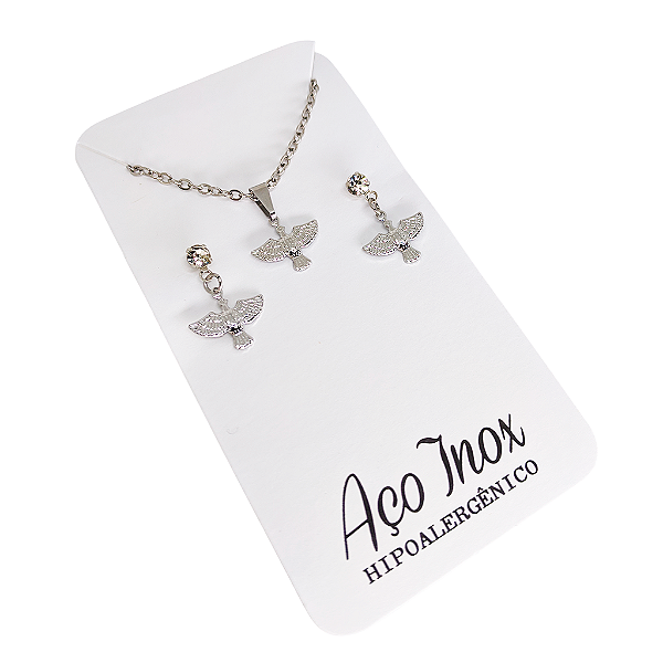 Conjunto Brincos e Colar do Divino Espirito Santo em Aço Inox - O Pacote com 3 Peças - Cód.: 9868