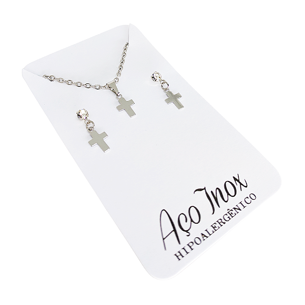Conjunto Brincos e Colar em Forma de Cruz em Aço Inox - O Pacote com 3 Peças - Cód.: 9868