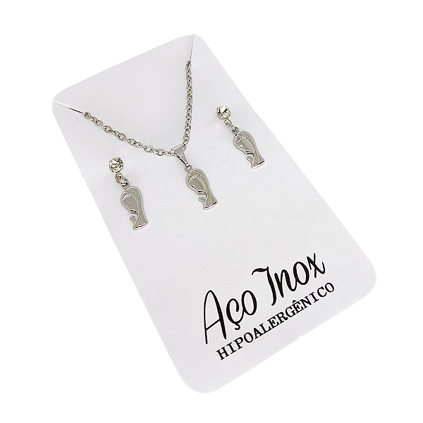 Conjunto Brincos e Colar de Nossa Senhora das Graças em Aço Inox - O Pacote com 3 Peças - Cód.: 9868
