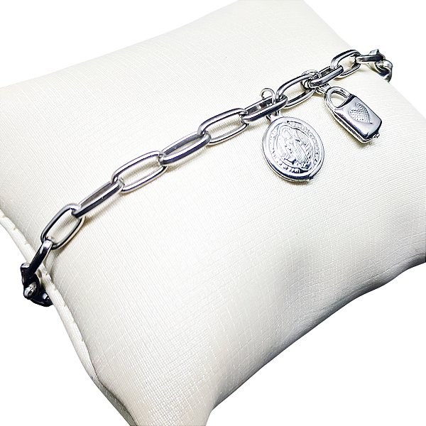 Pulseira Consagração em Aço - Medalha de São Bento - 18cm - o Pacote com 3 Peças - Cod.: 9869
