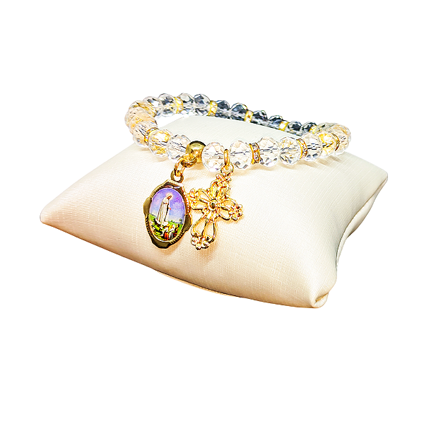 Pulseira Cristal de Nossa Senhora de Fátima com Folheto de Oração - O Pacote com 3 Peças - Cód.: 9812