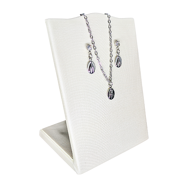 Conjunto Brincos e Colar de Nossa Senhora Aparecida Redondo em Aço Inox - O Pacote com 3 Peças - Cód.: 9868